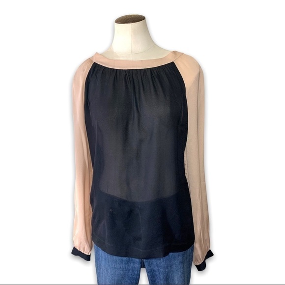 𝅺graham Spencer sheer Black Pink Blouse Baseball long sleeve Back buttons Sz M - Picture 2 of 11